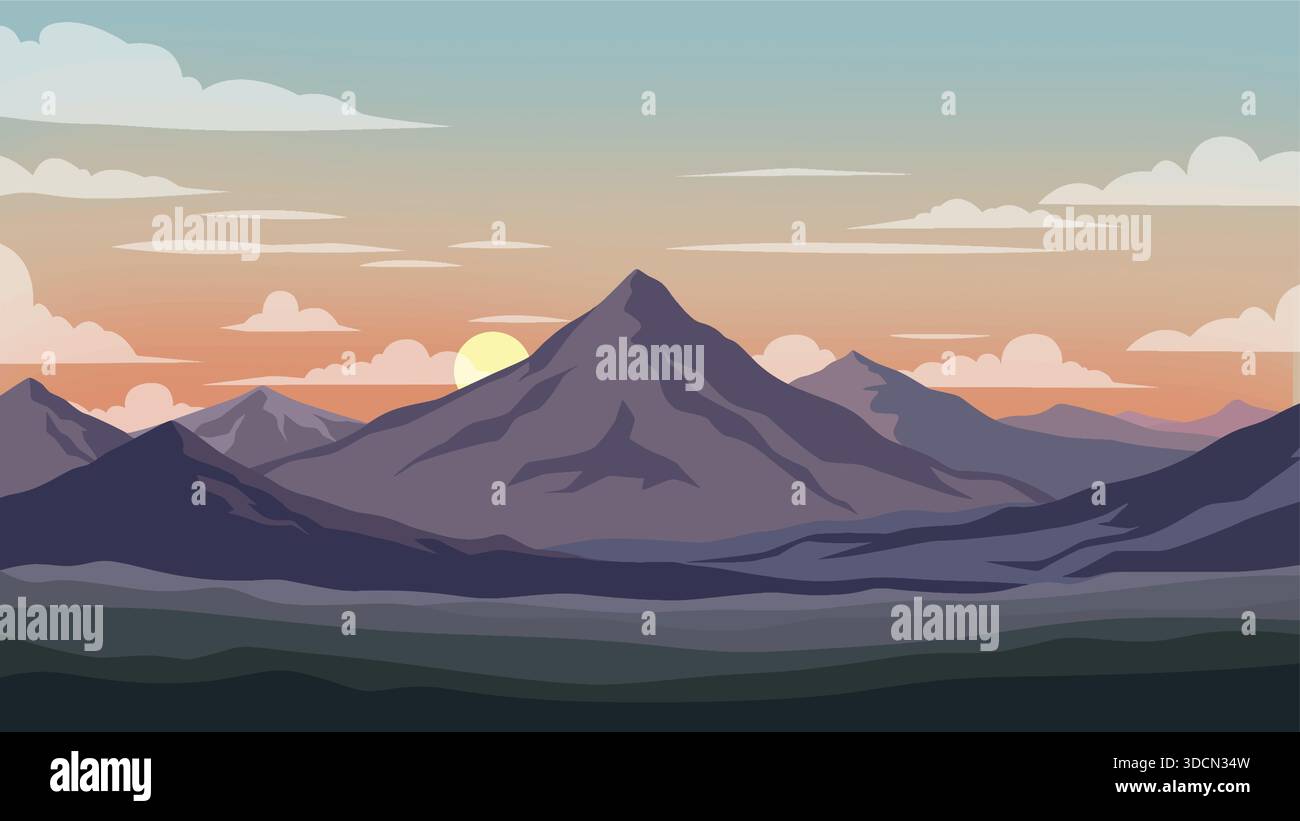 Dynamische Landschaftsbilder, die eine ruhige Bergkette bei Sonnenuntergang mit majestätischen Gipfeln und ruhigen Tälern darstellen, die in warmen, weichen Himmel getaucht sind Stock Vektor