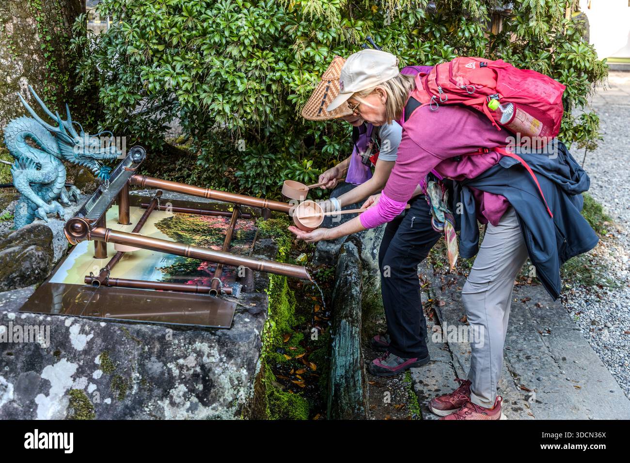 Zwei Wanderer schöpfen Wasser am Chōzuya, einem Reinigungsbrunnen mit einer Drachenfigur, zur rituellen Reinigung am Kumano Hongū Taisha, Tanabe, Präfektur Wakayama, Japan. Pilger vollziehen hier das Temizu-Ritual, bevor sie den Schrein betreten. Stockfoto