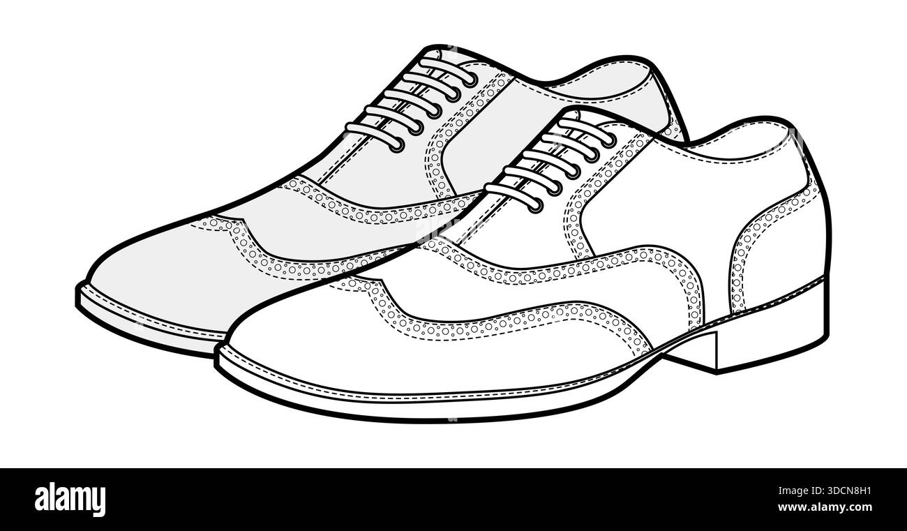 Lochstickchen Herren Schnürschuhe Skizzenpaar. Schuhe aus perforiertem Leder mit klassischem Flügelspitzendetail, eleganter, legerer Bürostil. Technische Illustration CAD-Modell Skizzenvektorkontur isoliert auf weiß Stock Vektor