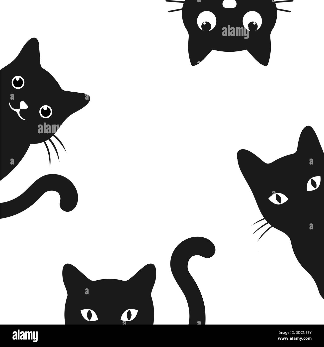 Illustrationsset mit niedlichen schwarzen Katzen, die auf einem weißen Hintergrund hinausschauen Stock Vektor