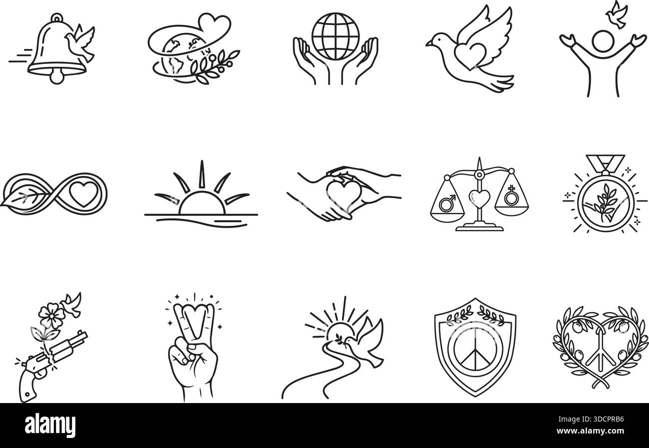 Symbole für Frieden und Liebe mit Tauben-, Herz-, Hände-, Globus- und Gleichheitssymbolen. Minimale Konturvektor-EPS-Illustration für Wohltätigkeit und Harmonie. Stock Vektor