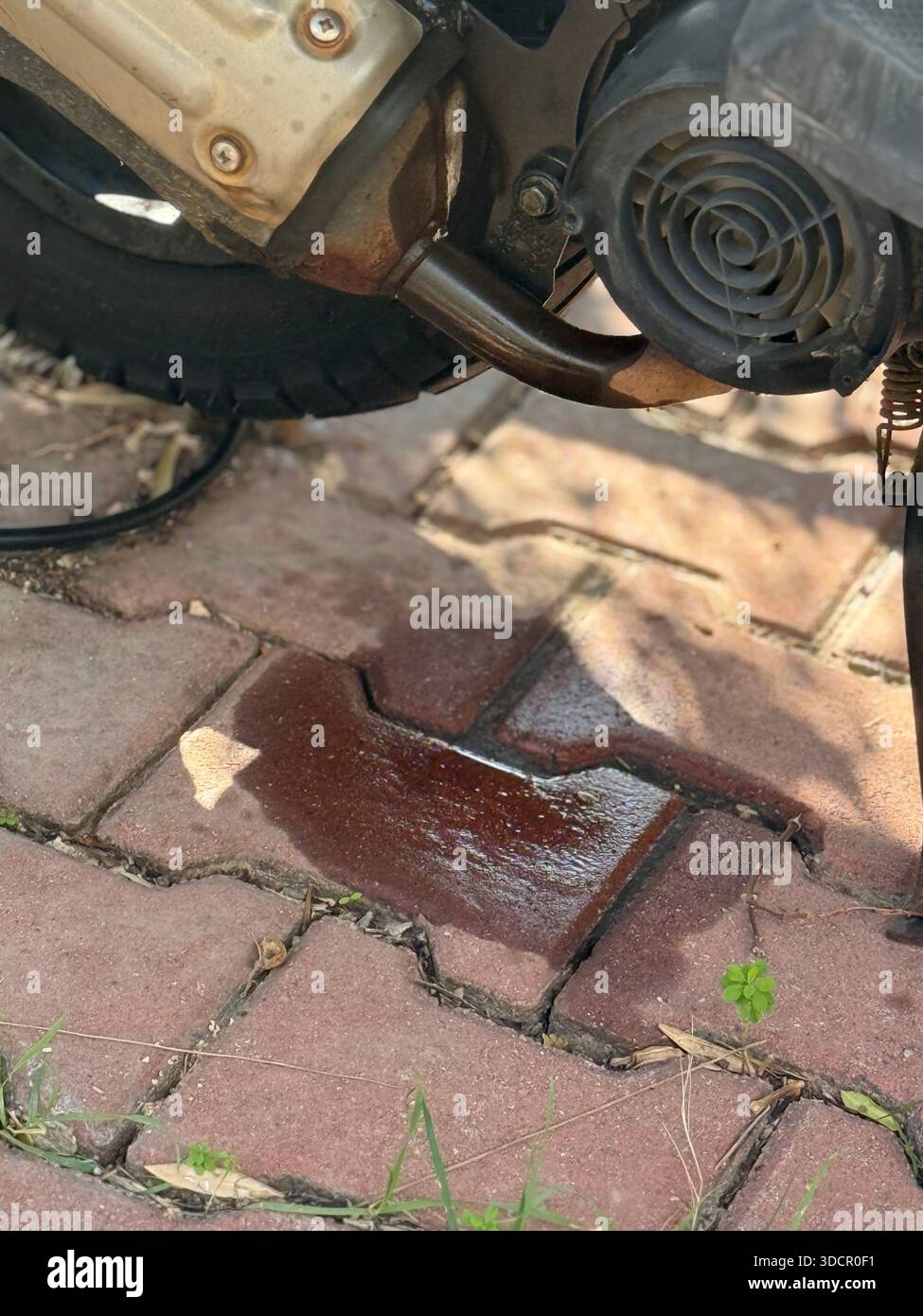 Ölleckage vom Motorrad auf Fahrbahnziegel, was auf mechanische Probleme und Wartungsbedarf hinweist. Mobiles Foto Stockfoto