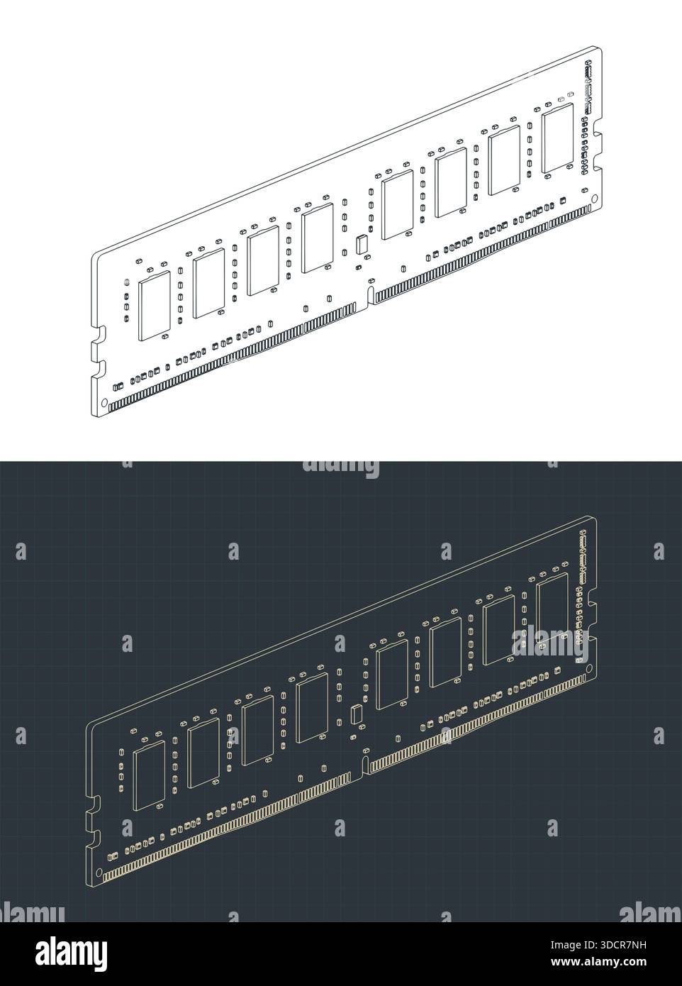 Isometrische Zeichnungen des RAM-Moduls stilisierte Vektorabbildungen Stock Vektor