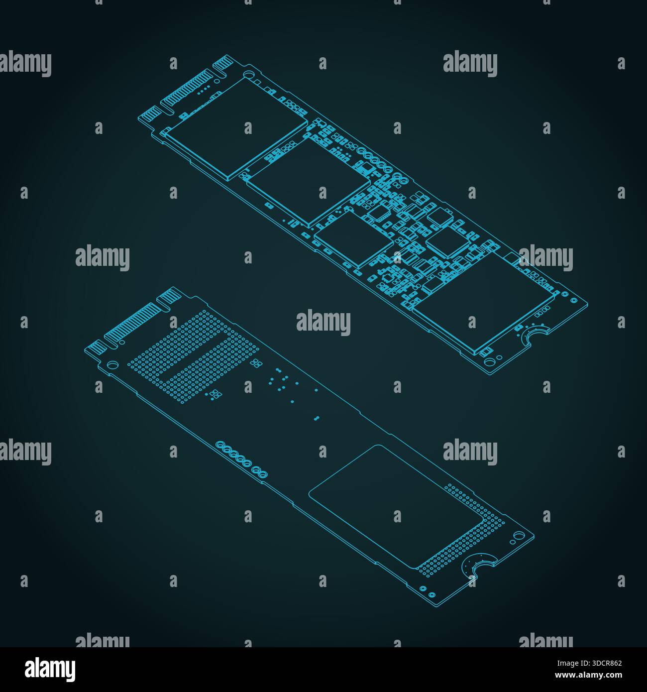 SSD m2 isometrische Blaupausen stilisierte Vektorillustration Stock Vektor