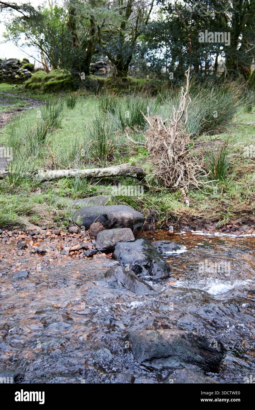 Treppensteine über den Fluss führen zu weißen o morn Ruinen des ruhigen man Cottage Teernakill im Norden des Countys galway republik irland Stockfoto
