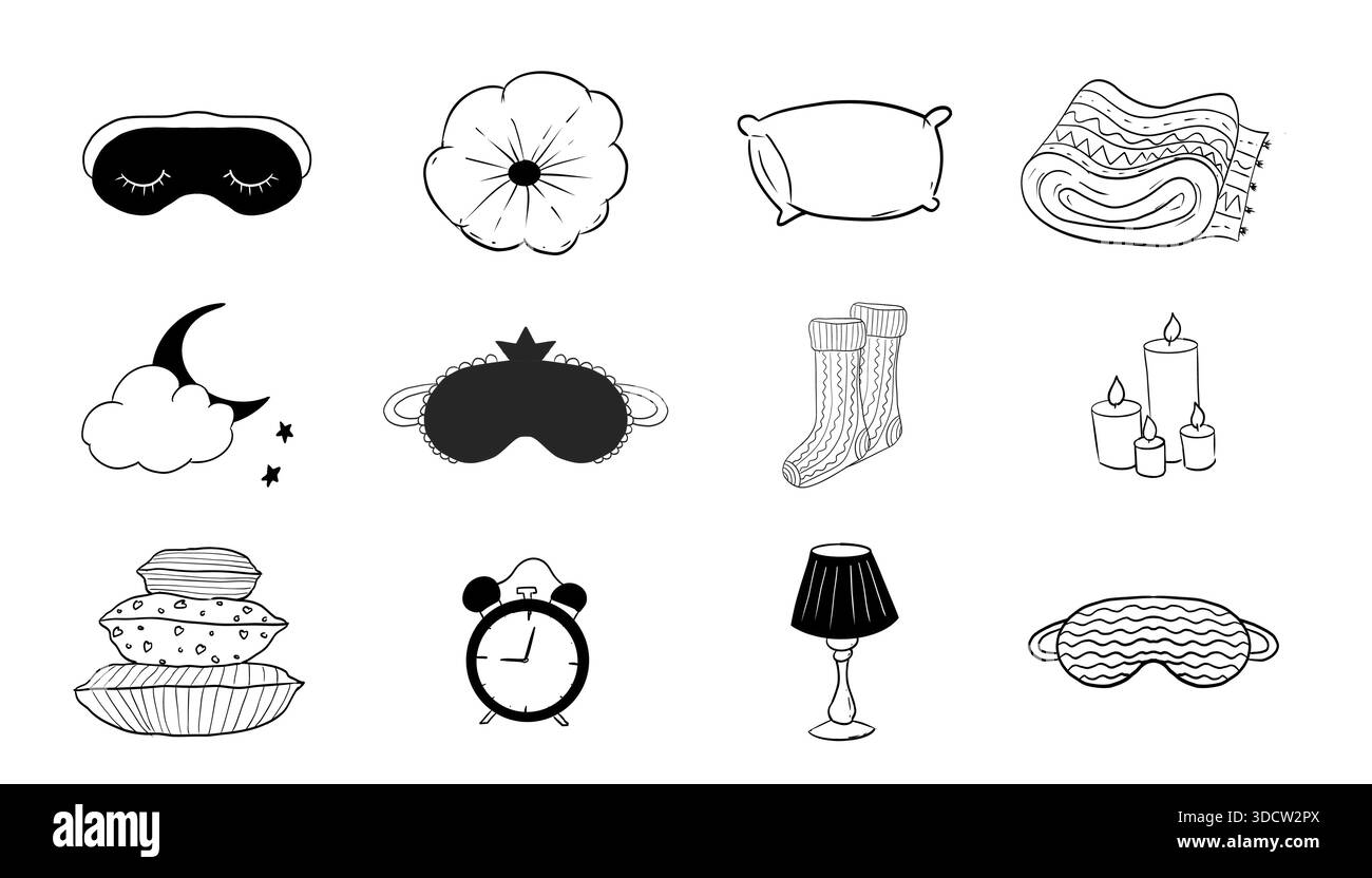 Schlafset handgezeichnete Decke, Kerzen, Nachtsymbole kritzeln. Kissen Linie Schlafzimmer Relax, Schlafmaske, Sterne und Mond. Warme, gemütliche Kleidung, Socken. Verschlafene Stimmung. Vektorabbildung Stock Vektor