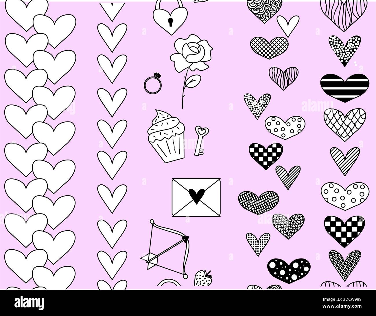 Set zum Valentinstag mit rosafarbenem, vertikalem Rand. Vektorgrafik-Linie in Schwarzweiß-Illustration. Für Poster, Einladung, Hintergrund, Anzeige, Verkauf p Stock Vektor