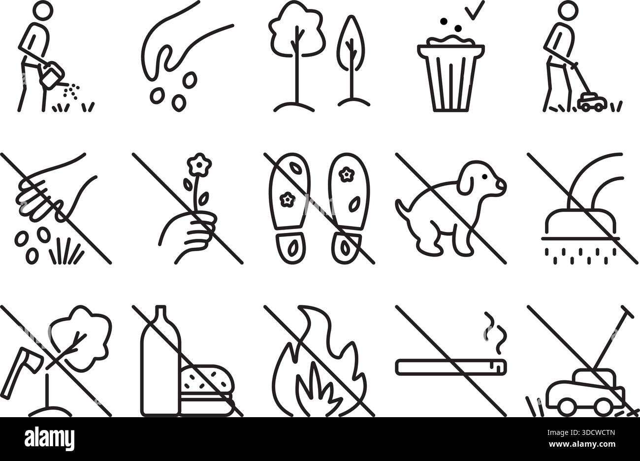 Schwarze Linie Rasenvektor-Symbolsatz. Klassische Schilder für Parks, Gärten und Farmen und Verbotssymbole. Linearer monochromer prohibitiver editierbarer Schlaganfall Stock Vektor