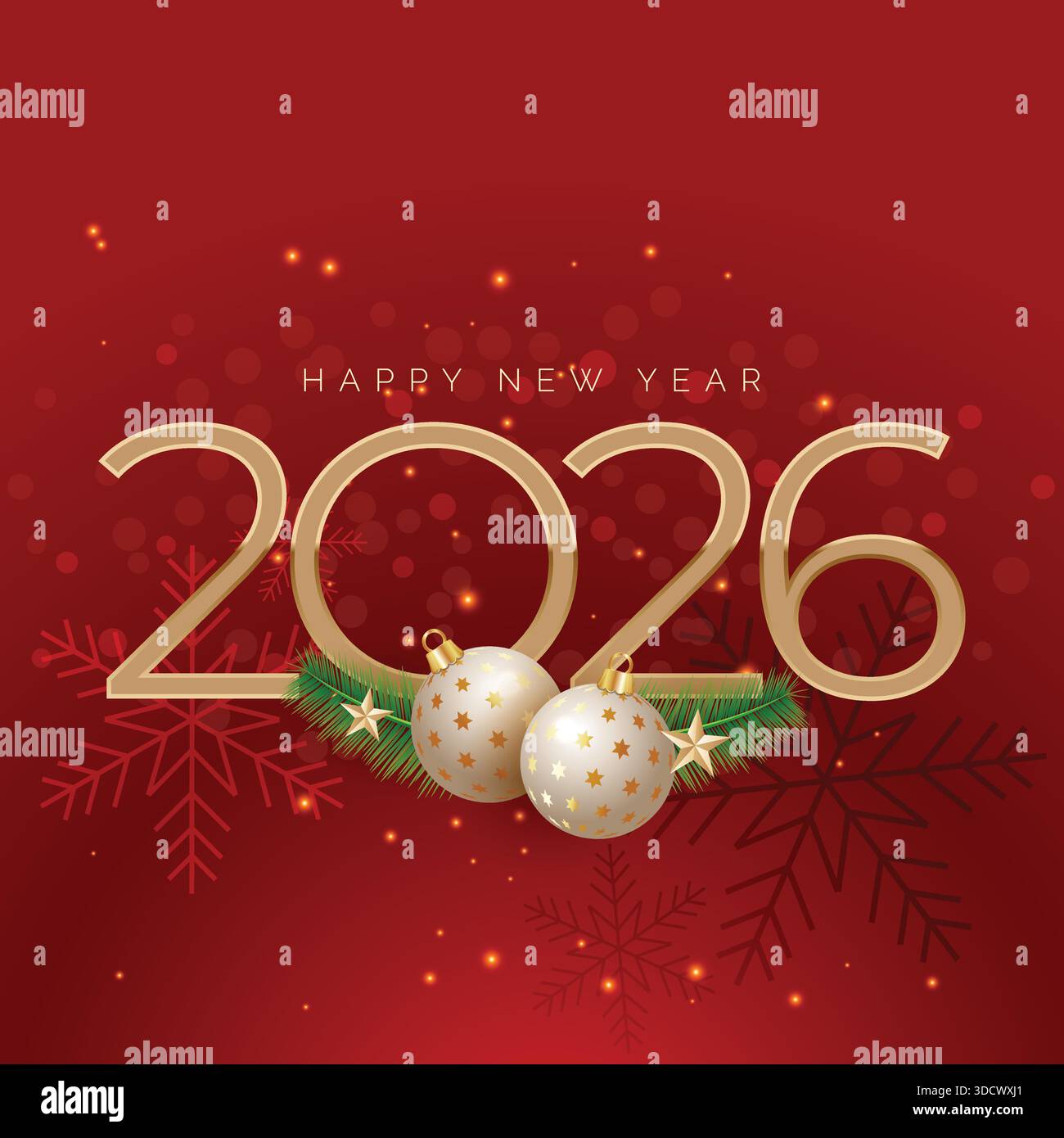 Neujahr 2026 Weihnachtsschneeflocken auf rotem Hintergrund Stockfoto Stock Vektor