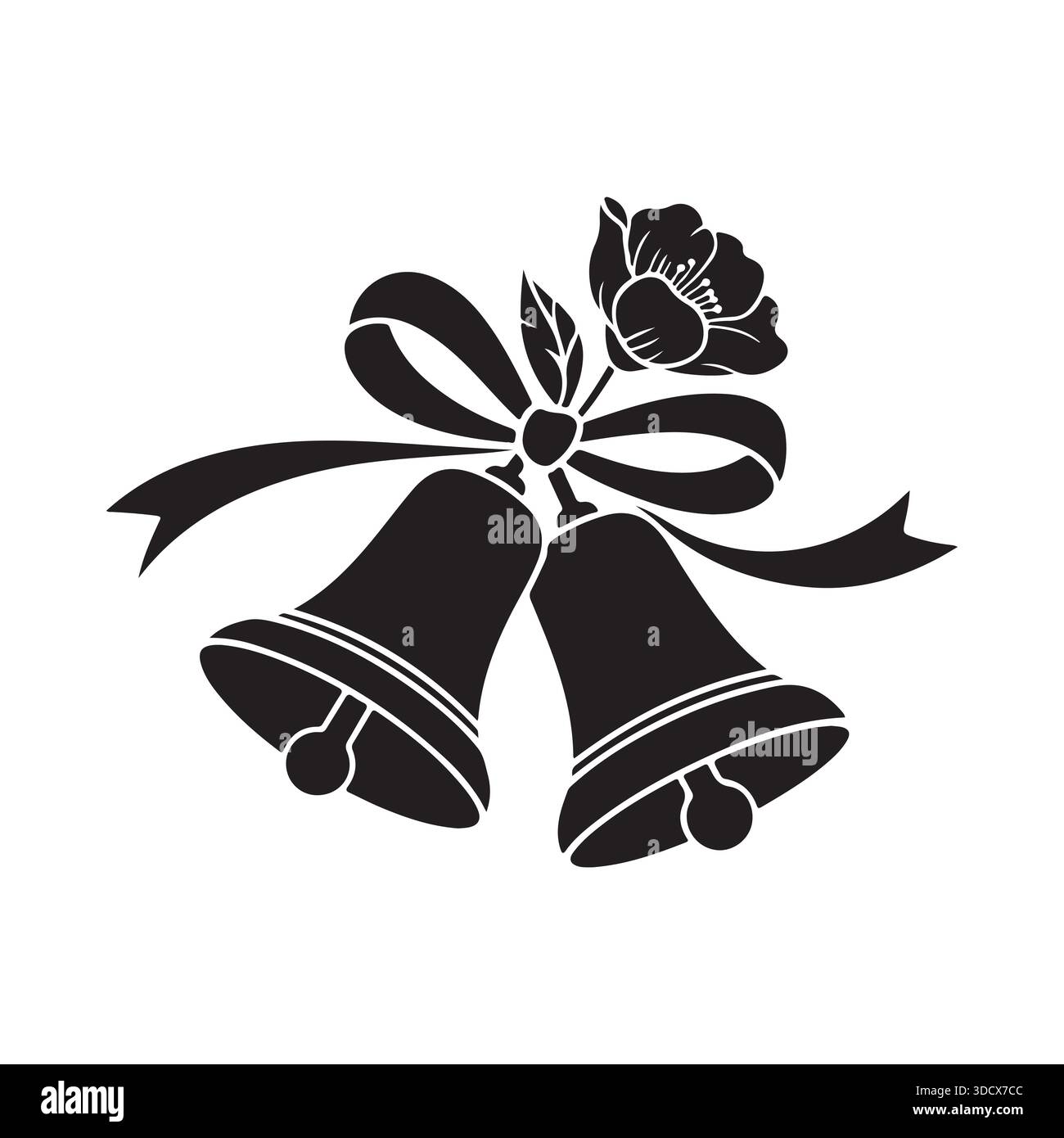 Eine einfache schwarz-weiße Illustration mit zwei Hochzeitsglocken, die mit einer dekorativen Schleife verbunden sind Stock Vektor