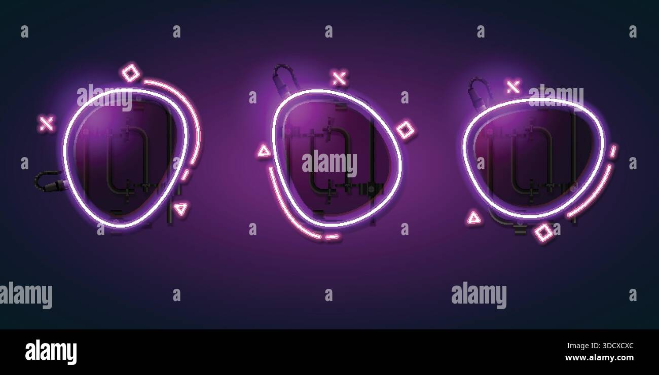 Ein Satz von drei abstrakten Rahmen in leuchtendem violettem Neon mit geometrischen Elementen auf dunklem Hintergrund. Ideal für futuristische Schilder und digitales Design. Stock Vektor