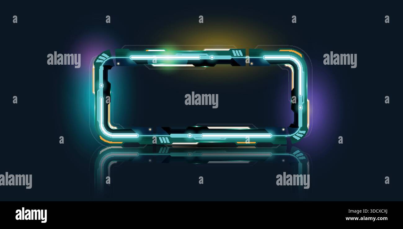 Abstrakter, futuristischer rechteckiger Rand mit leuchtenden Neonlichtern in Cyan und technischen Elementen auf dunklem, reflektierendem Hintergrund für ein Sci-fi-UI-Design. Stock Vektor