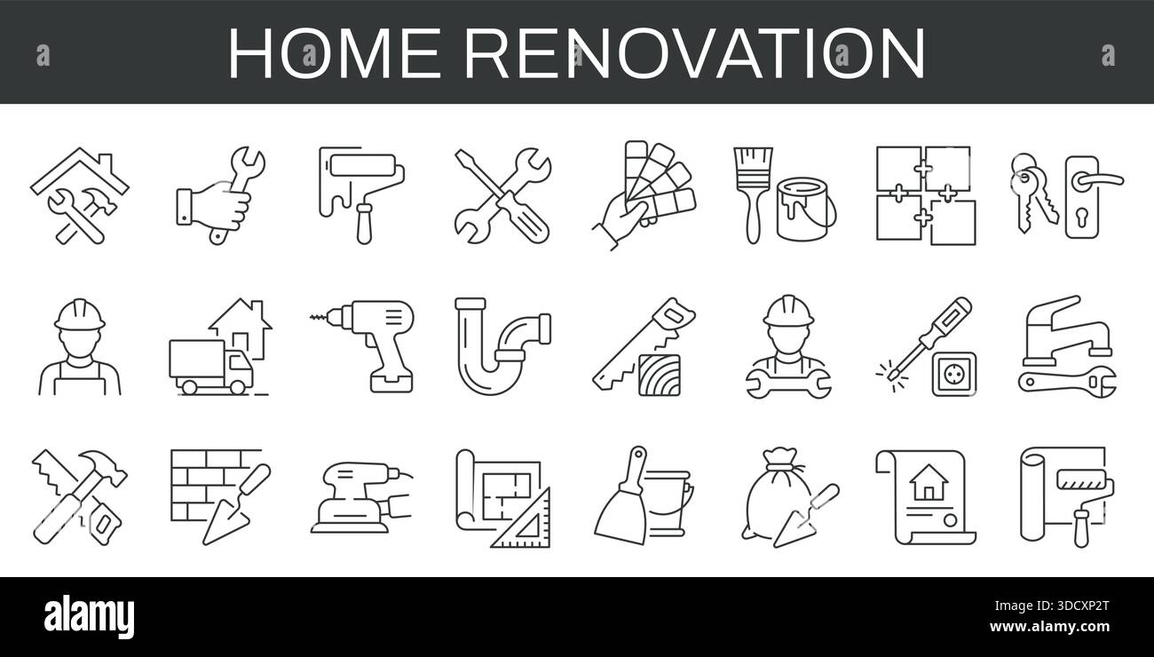 Symbole zur Renovierung von Häusern für Bau, Reparatur, Werkzeuge, Materialien, Wartung, und Innenraumverbesserung. Professionelle bearbeitbare Kontursymbole für Stock Vektor