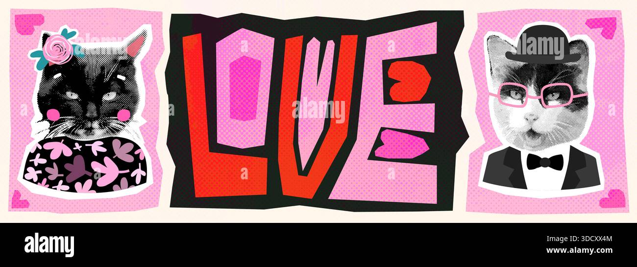 Skurrile horizontale Vektorbanner mit Collage-Katzen, auffälligen geometrischen Text Love und Herzen für Valentinstag und Hochzeitgrafik-Design Stock Vektor