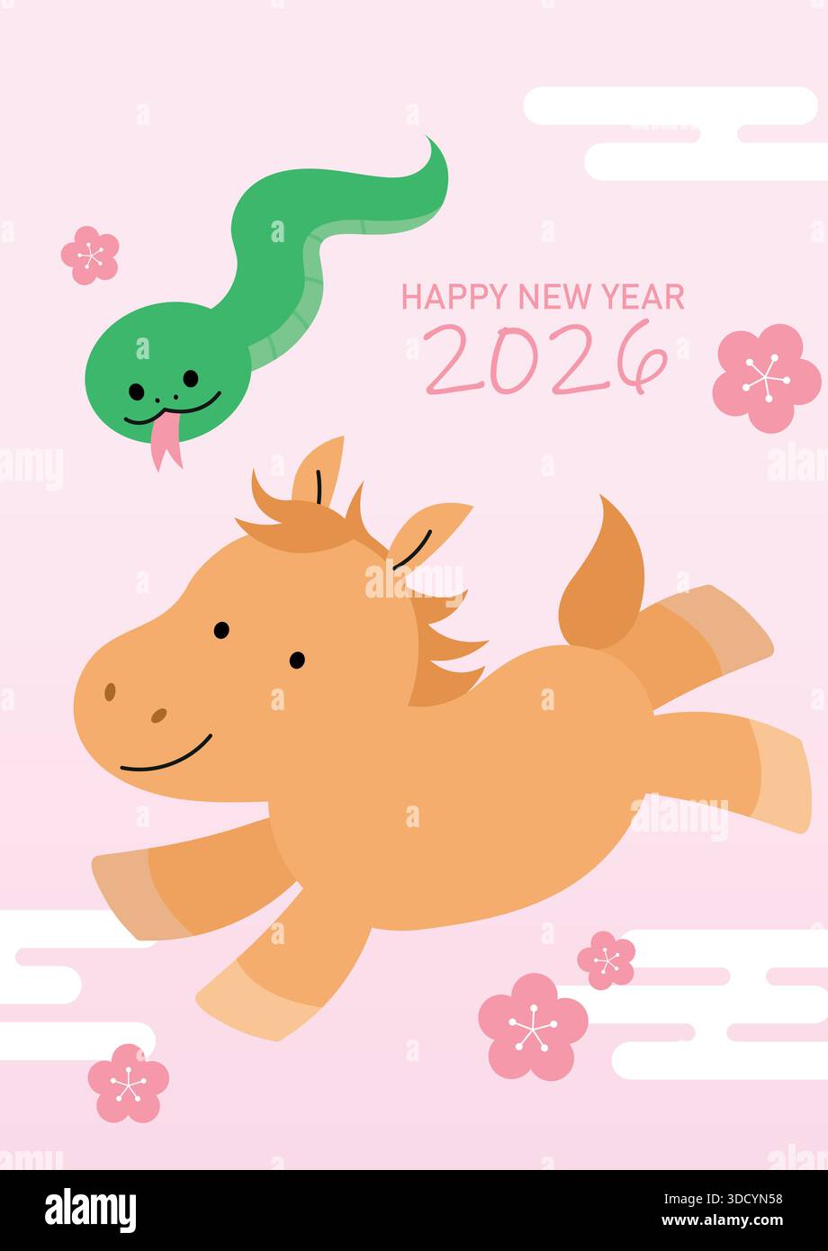 Zodiakpferd und Tierkreisschlange. Ehemaliges chinesisches Jahr der Schlange 2025 und Neujahr des Pferdes 2026 Grußkarte Vektor Illustration. Stock Vektor