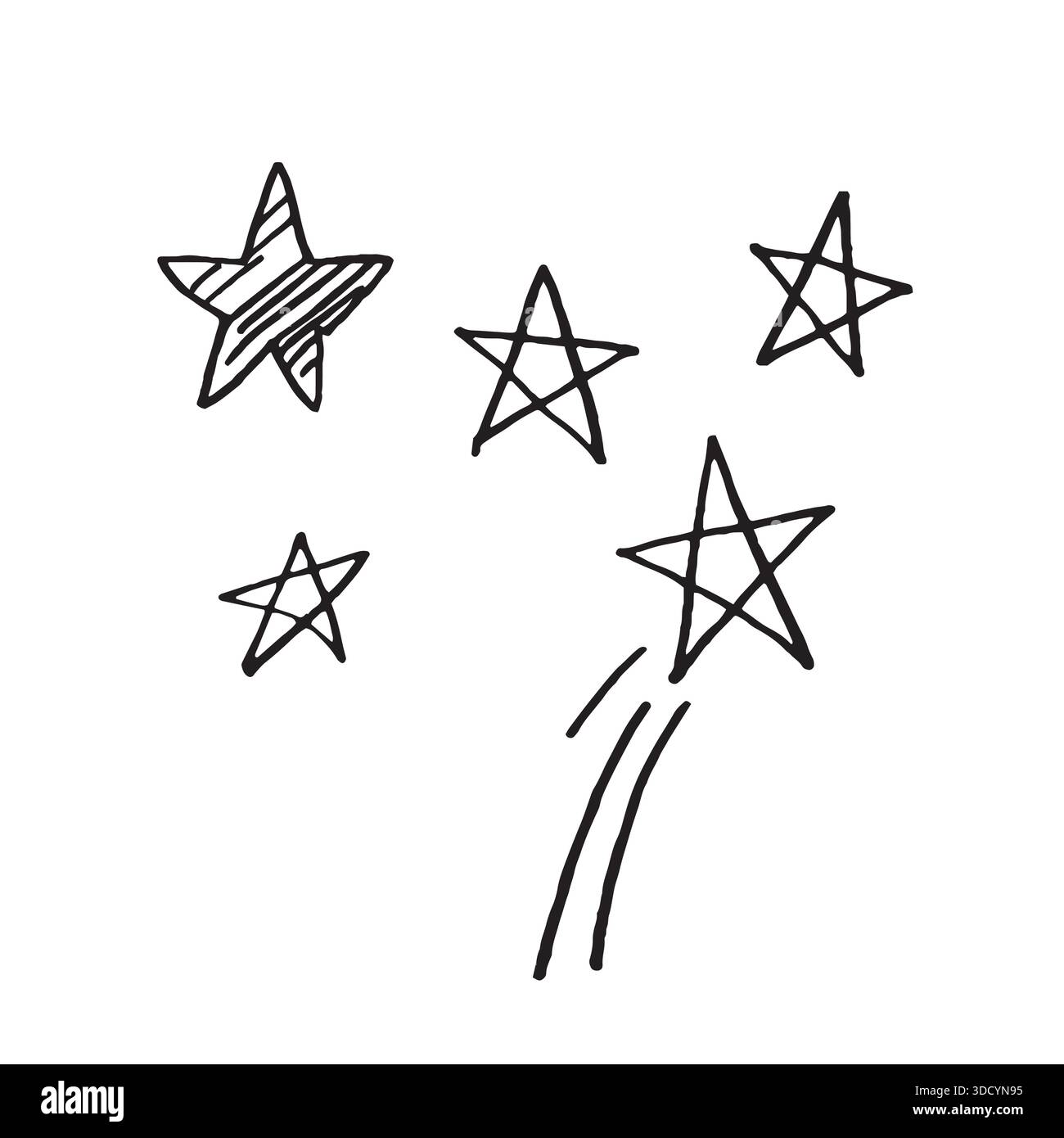 Handgezeichnete Sterne kritzelnd. Simple Stars Scribbles Set. Stock Vektor
