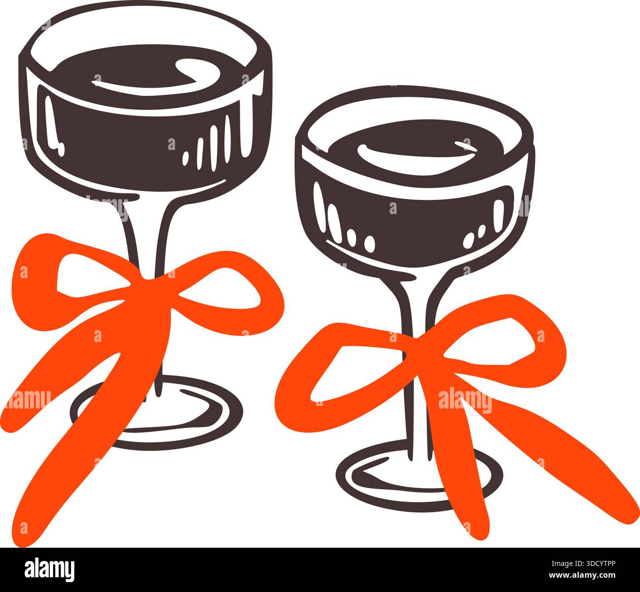 Handgezeichnete, skurrile Cocktail-Gläser mit roten Schleifen. Margarita mit Buntstift, Martini, Champagnerweinzeichnung. Holzkohle Girly Illust Stock Vektor