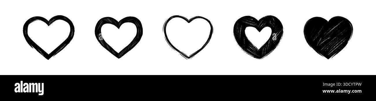 Set mit handgezeichneter Grunge-Herzform. Pinsel, Kohle, Kohle, Pastellzeichnung. Kreideskizze auf der Tafel. Liebe, Hochzeit, Valentinstag-Symbol, Stock Vektor