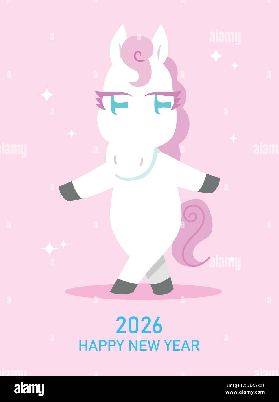 Glückliches neues Jahr des Pferdes 2026 Grußkarte mit anthropomorpher Pferdevektorkarte. Wunderschönes Zodiakpferd. Festplakat zum Neujahrsfest 2026. Stock Vektor