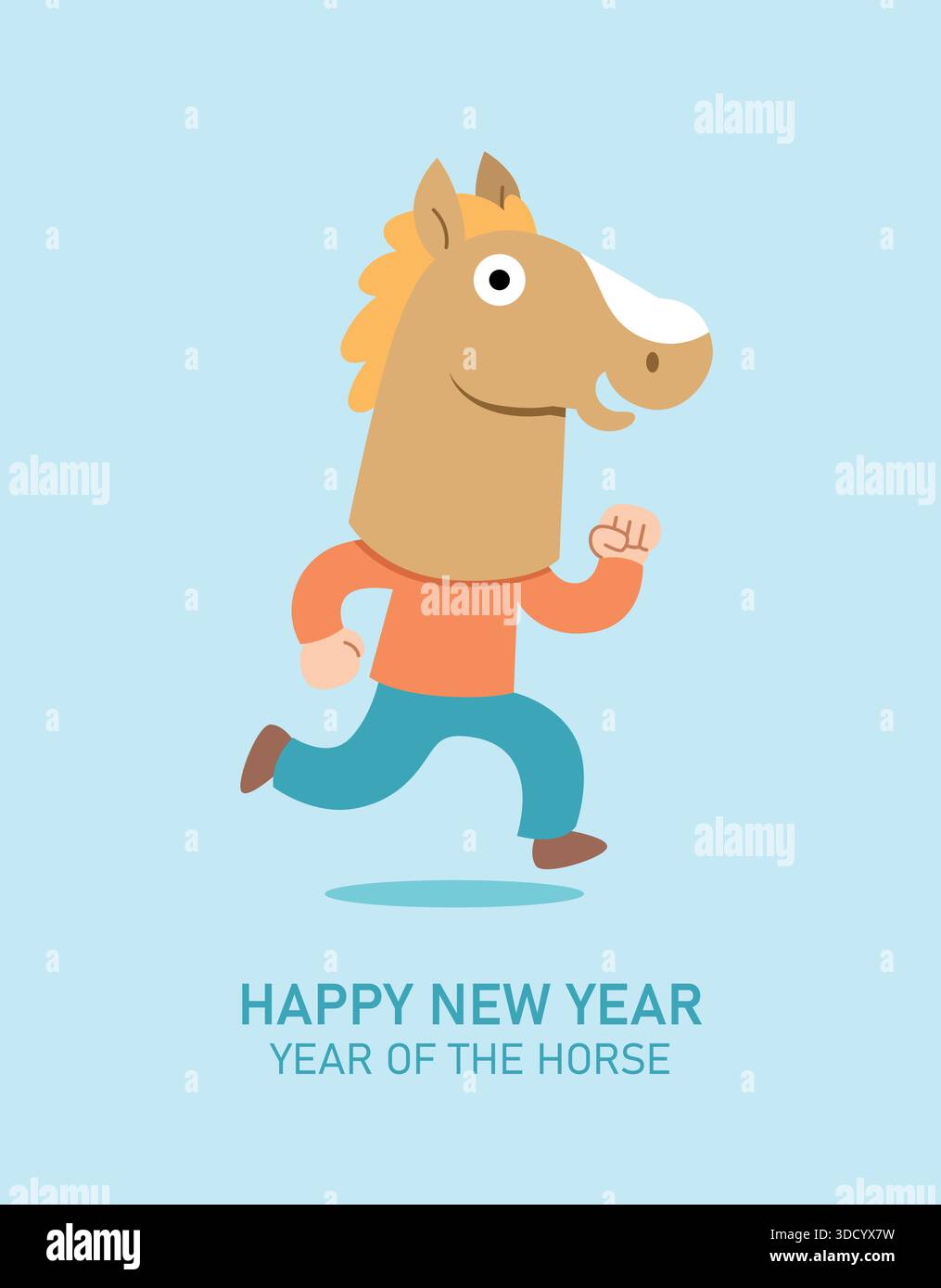 Lustige Cartoon-Grußkarte zum chinesischen Neujahr des Pferdes 2026. Mann mit Pferdekostüm. Flache Kartenschablone für das Neujahr 2026 des Mondes. Runn Stock Vektor