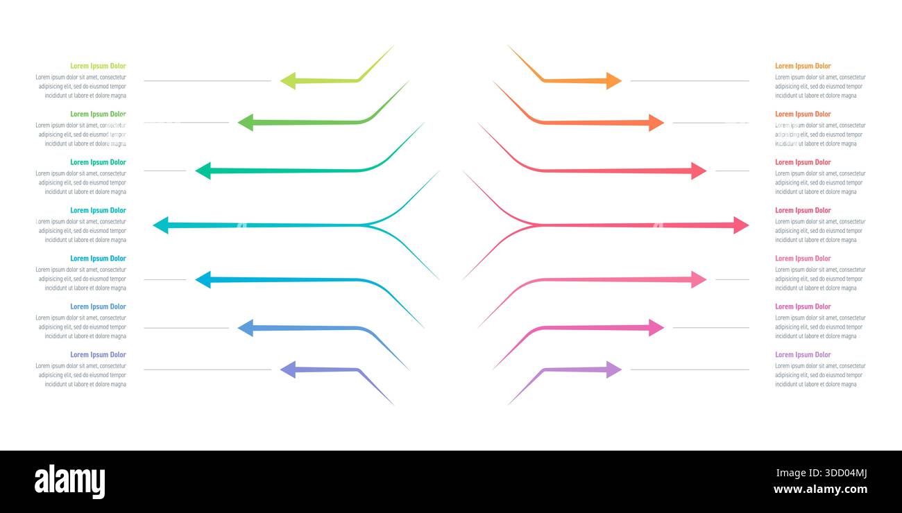 Infografik-Vorlage mit farbigen Pfeilschildern. Informationsvorlage für 14 Schritte. Infografikvorlage für Unternehmen Stockfoto