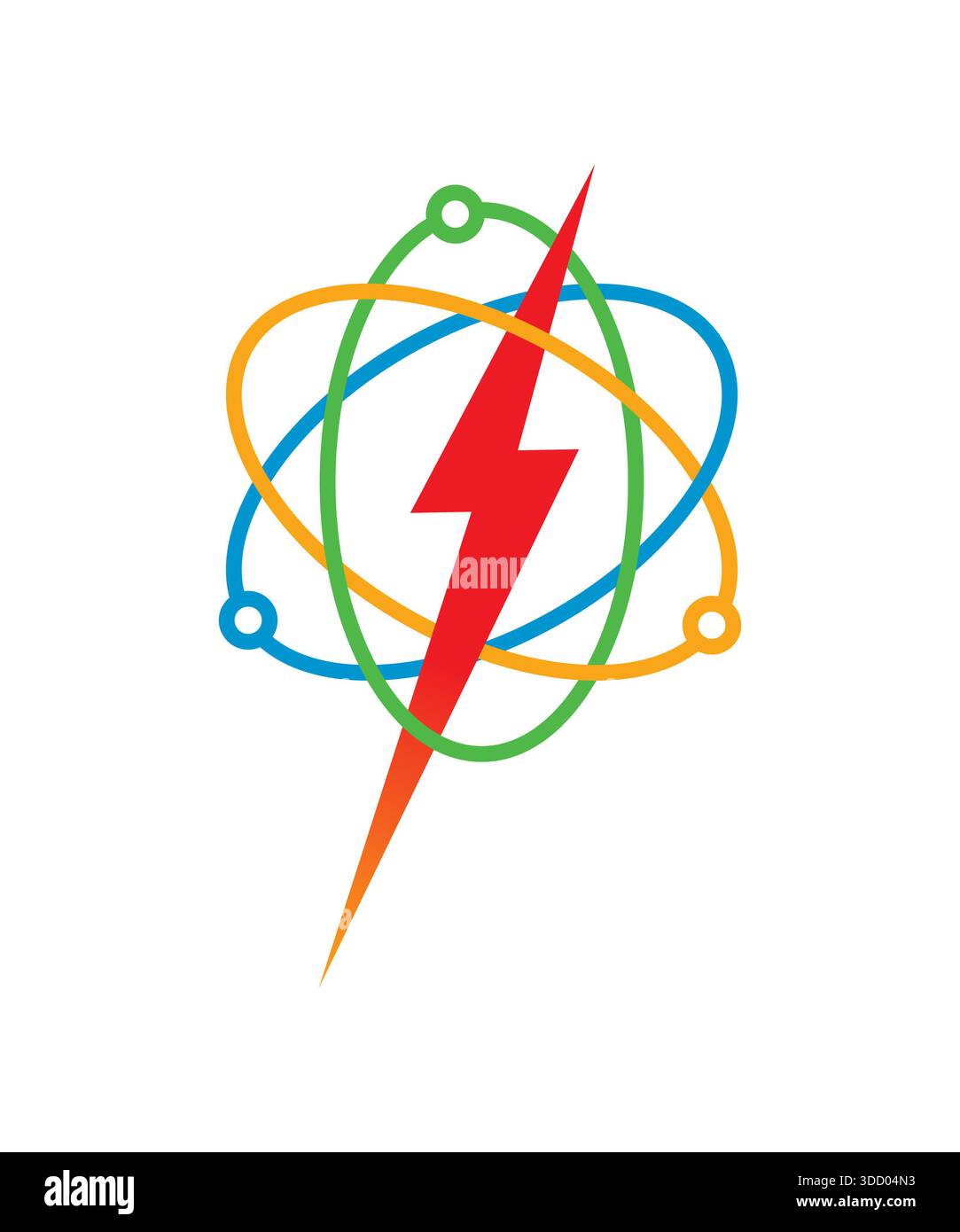 Buntes Atomsymbol und rotes Blitzsymbol. atom- und Lightning-Konzept Stockfoto