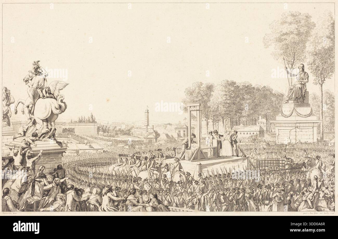 Historische Illustration der Hinrichtung von Marie-Antoinette am 16. Oktober 1793 während der Französischen Revolution, die die Guillotine zeigt, die in Paris vor einer großen revolutionären Menge errichtet wurde und 1794 von Antoine-Jean Duclos nach einer Komposition von Charles Monnet graviert wurde. Stockfoto