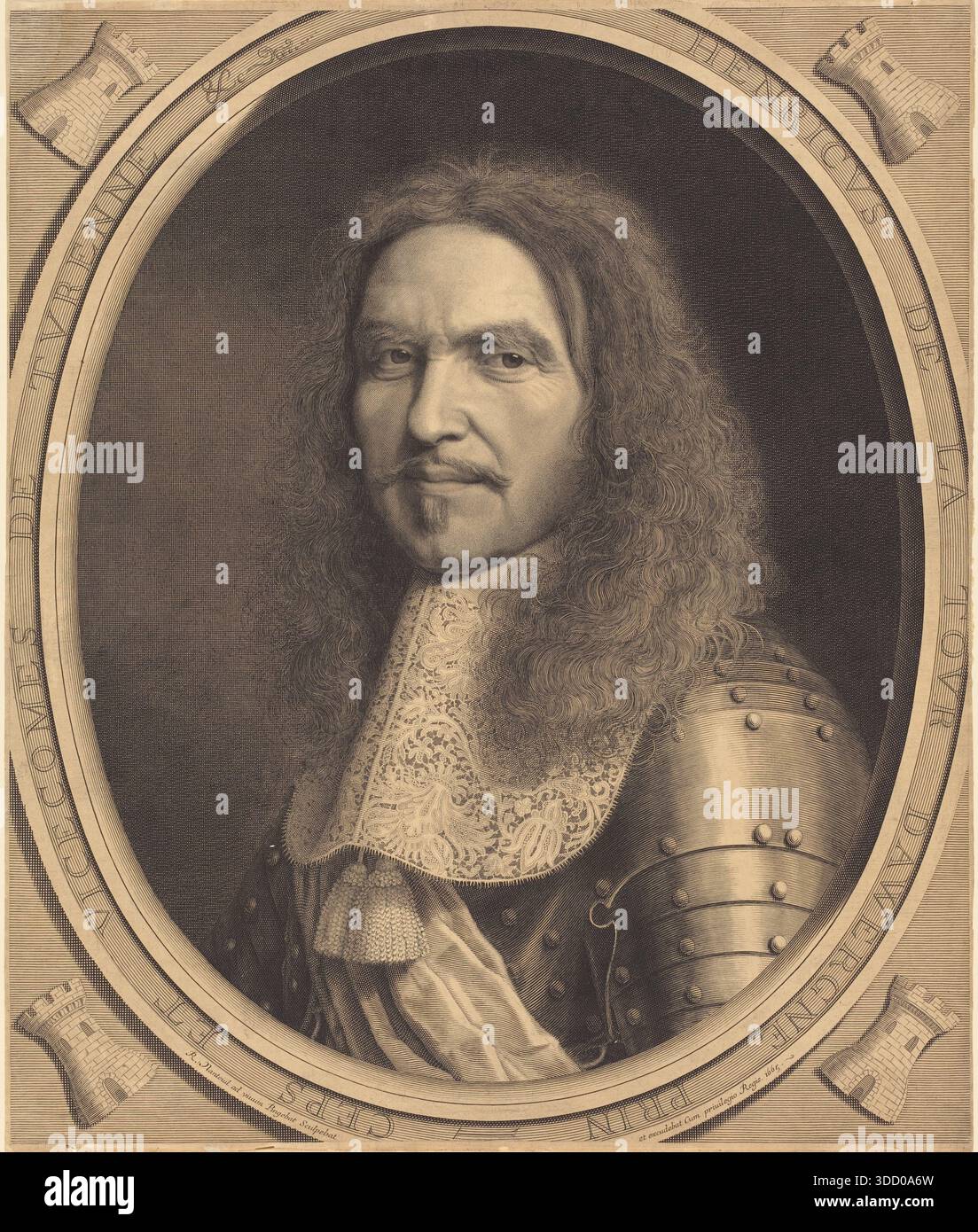 Historisches Porträt von Marschall Henri de La Tour d’Auvergne, bekannt als Maréchal de Turenne, französischer Militärkommandeur, in Rüstung mit Spitzenkragen, graviert 1665 vom französischen Künstler Robert Nanteuil. Stockfoto