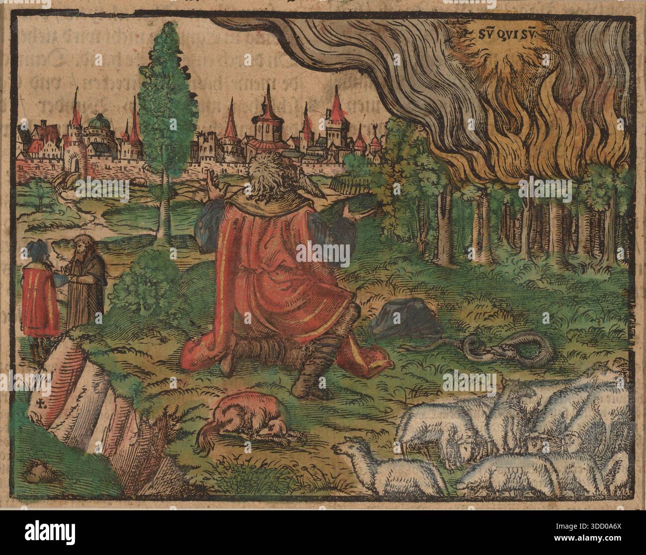 Historische religiöse Illustration, die Moses und den brennenden Busch zeigt, wie der biblische Prophet Gottes Ruf vor dem flammenden Busch empfing, deutscher Holzschnitt aus dem frühen 16. Jahrhundert, um 1500. Stockfoto
