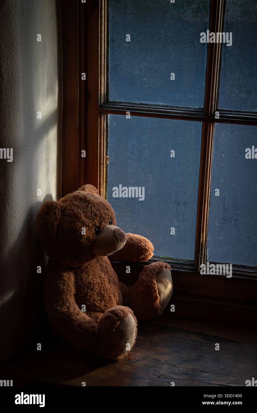 Teddybär auf der Fensterbank mit Glas bedeckt mit Tropfen Stockfoto