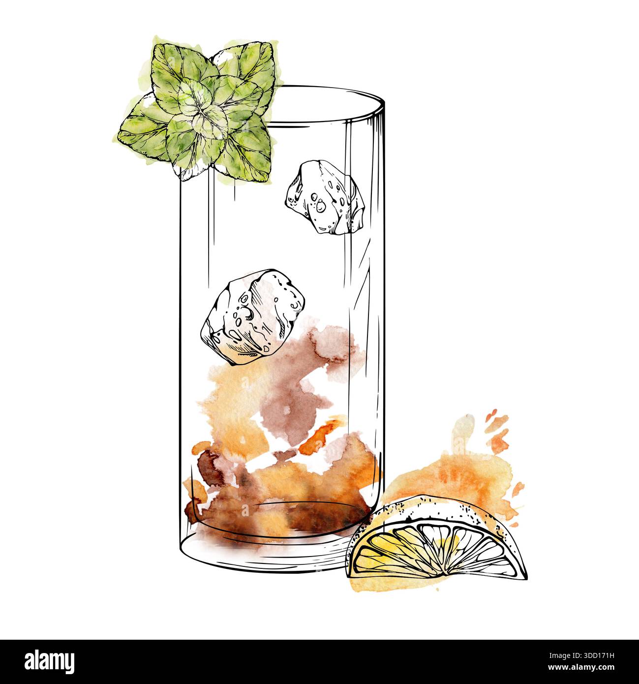 Mehrschichtiger Long Island Eistee, Punsch, mai Tai Drink mit Zitrusscheibe, Minzblätter garniert am Rand, Eiswürfel. Isolierte Illustration mit Tinte und Aquarell Stockfoto