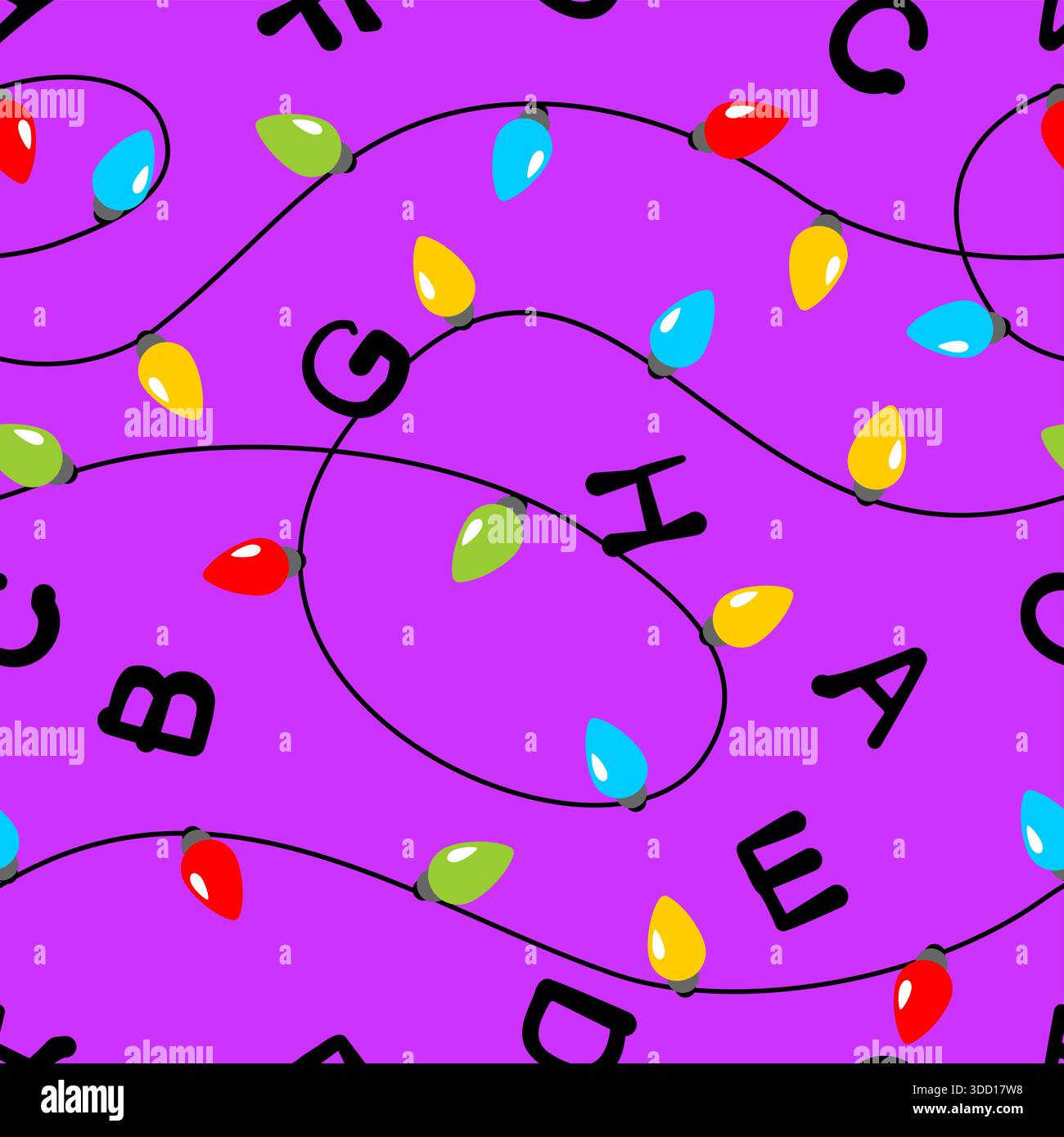 Nahtloses Retro-Muster mit leuchtenden Weihnachtslichtern und Buchstaben auf violettem Hintergrund. Inspiriert von der Science-fiction-Horror-Ästhetik der 80er Jahre. Verwickelter Draht Stock Vektor