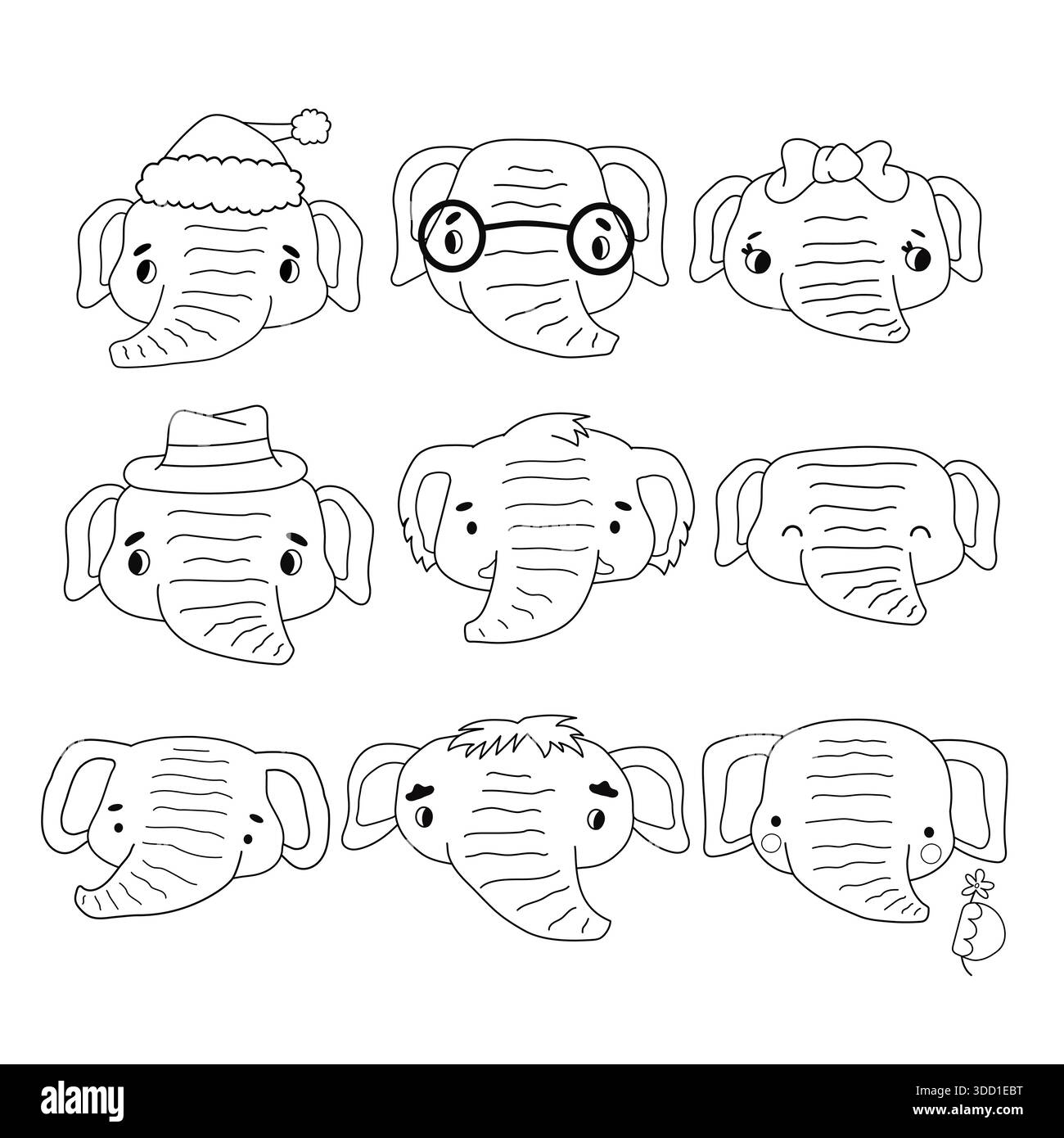 Set von schwarz-weißen isolierten Elefanten. Niedliche Strichtiere auf weißem Hintergrund für Lehrbücher oder Malbücher Stock Vektor
