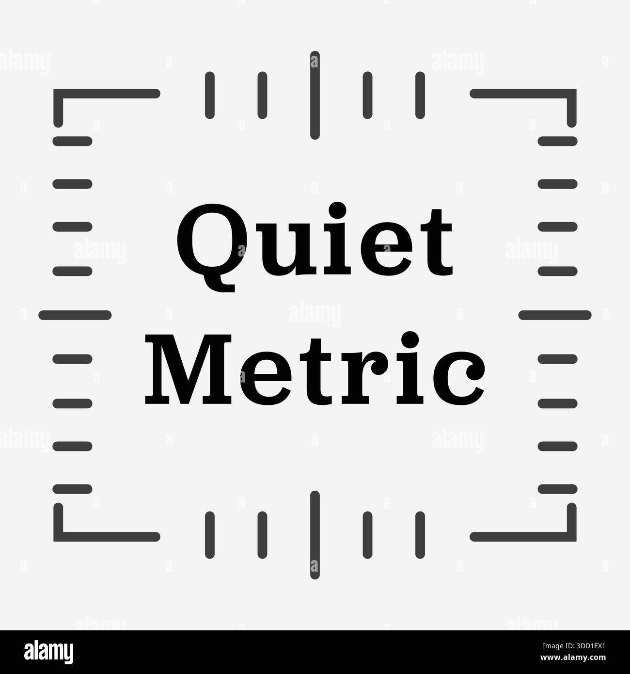 Ein klarer geometrischer Rahmen mit gepunkteten Akzenten rahmt starken Serifentext ein, der auf einem hellen Feld „Quiet Metric“ (ruhiges metrisch) anzeigt. Stock Vektor