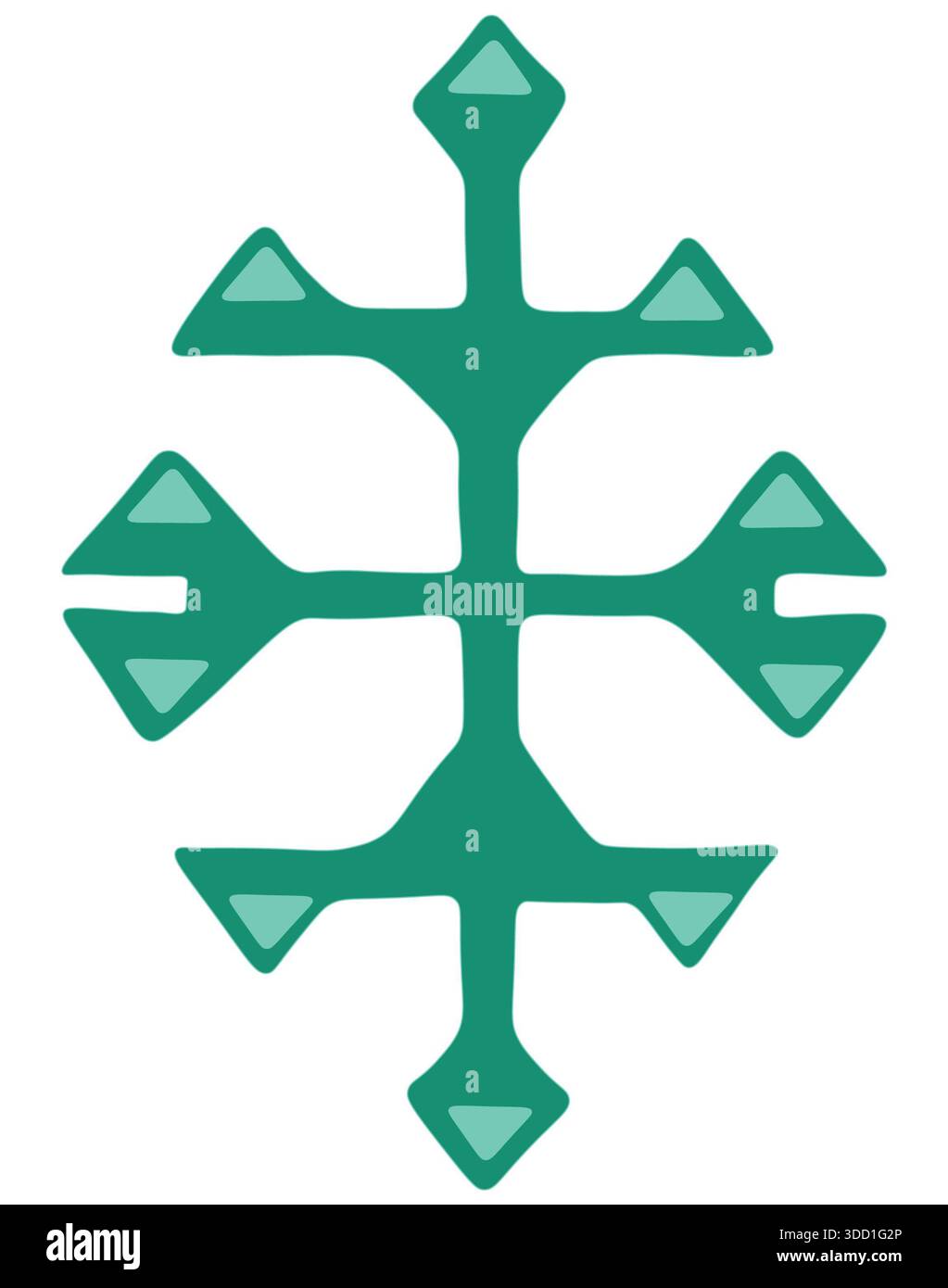 Ein stilisiertes grünes kreuzförmiges Ornament mit geometrischen Dreiecken und Stammesmotiven, das spirituelle Symbole und das kulturelle Erbe der Volkskunst repräsentiert Stockfoto