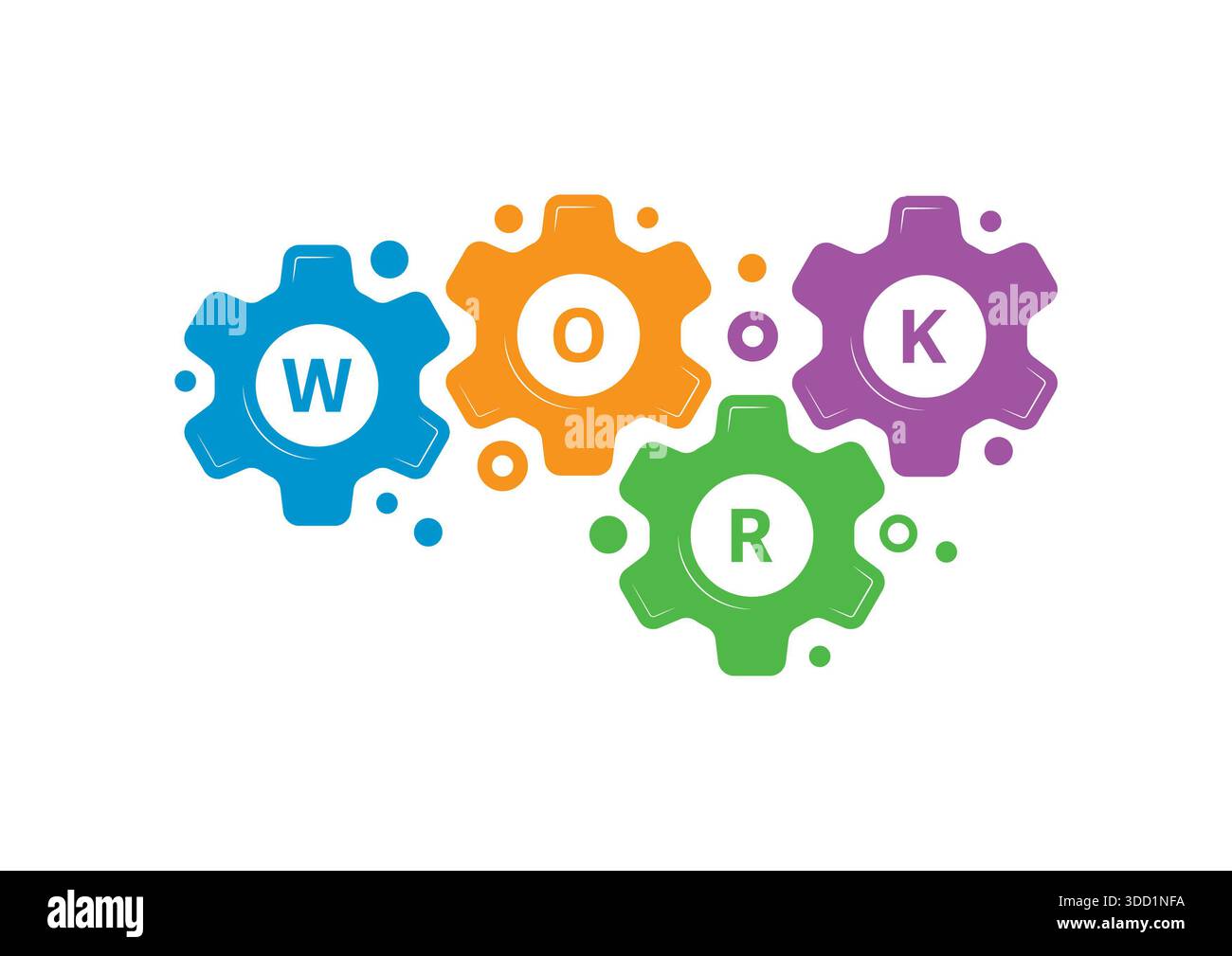 Vier bunte Industrieräder und das Wort funktionieren. Rad- und Arbeitskonzept. Rad und Arbeitskonzept für Industrie, Wirtschaft, Bildung, Wissenschaft Stockfoto