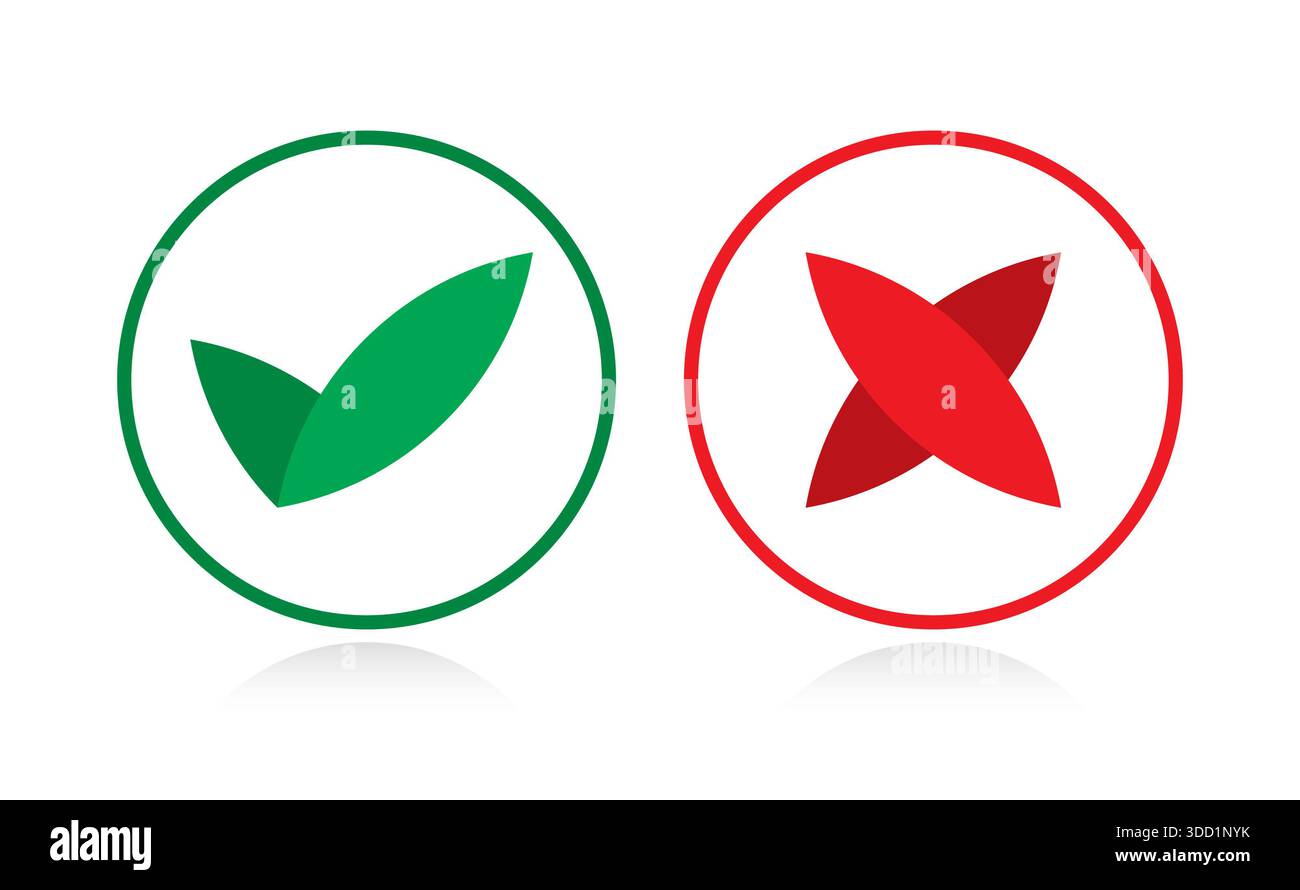 Grünes Genehmigungssymbol. Rotes Abbruchsymbol. Symbol für Genehmigung und Abbruch Stockfoto