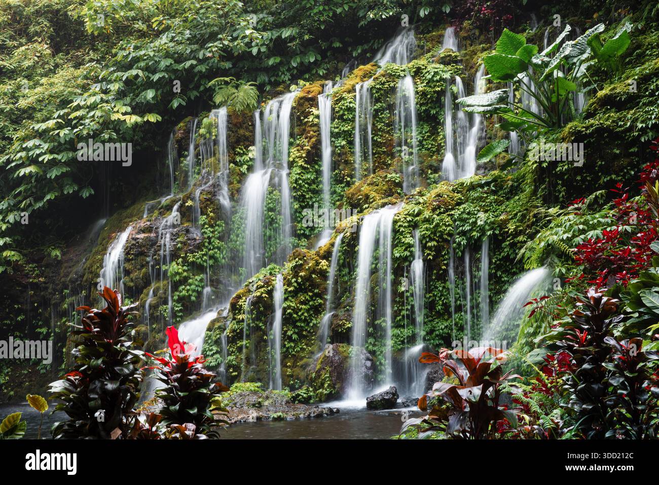 Malerischer Wasserfall, der über moosige Felsen stürzt, umgeben von Dschungel-Laub Stockfoto