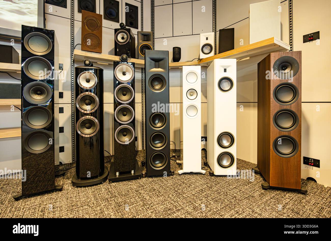 Hochwertige Standlautsprecher, die in einem professionellen Audio-Showroom mit modernen hifi-Soundsystemen in einem Hörraum präsentiert werden Stockfoto
