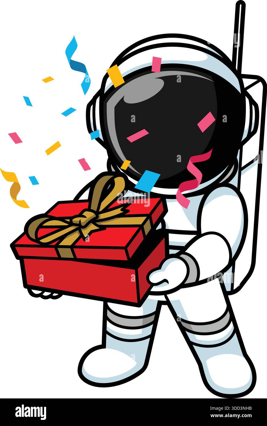 Cartoon Astronaut Unboxing Geschenkbox Illustration Stock Vektor