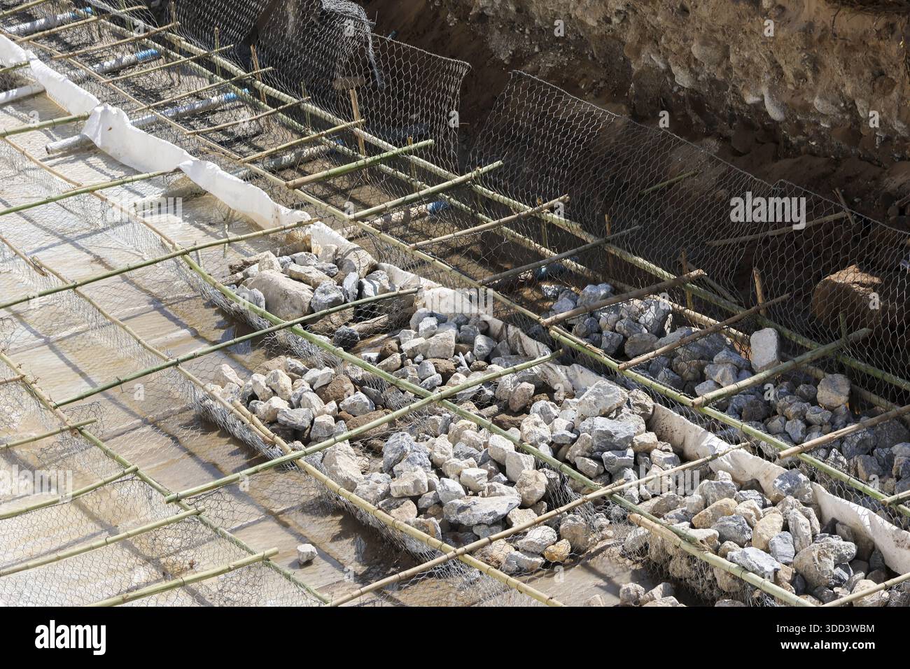 Baustelle mit Stahlbewehrungsstäben auf dem Boden vorbereitet für Betongießen Fundamentarbeiten mit Steinen und Bodenhintergrund mit i Stockfoto