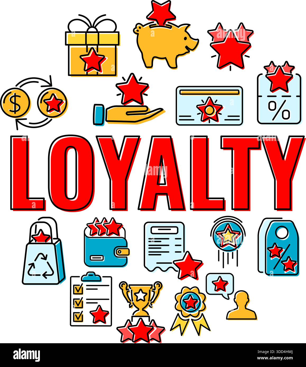 Banner für das Treueprogramm mit Typografie und farbigen, flachen Symbolen. Kunden belohnen mit Boni. Geschenk, Rabattgutscheine, Bonuswachstum, Umtauschgeld Stock Vektor