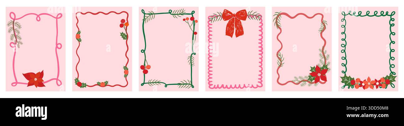 Gewellte Vektorrahmen mit Weihnachtslaub und Blumen, rosa rote und grüne romantische Rahmen für Weihnachtseinladungen und Karten Stock Vektor