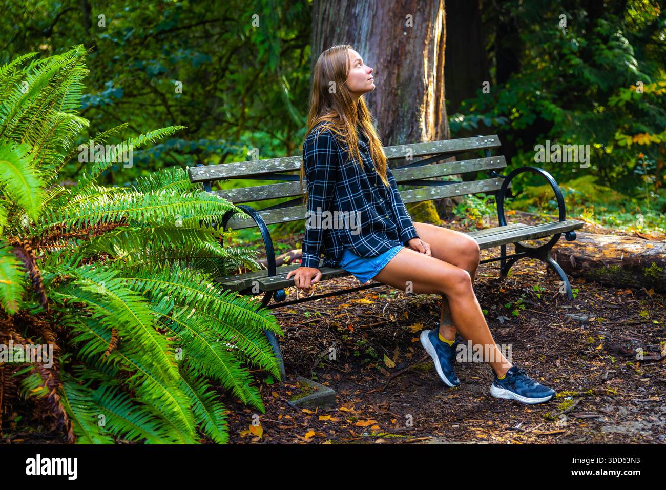 Eine hübsche weibliche Besucherin genießt die üppige, malerische Aussicht auf die botanische Landschaft im Washington Park Arboretum in Seattle. Stockfoto