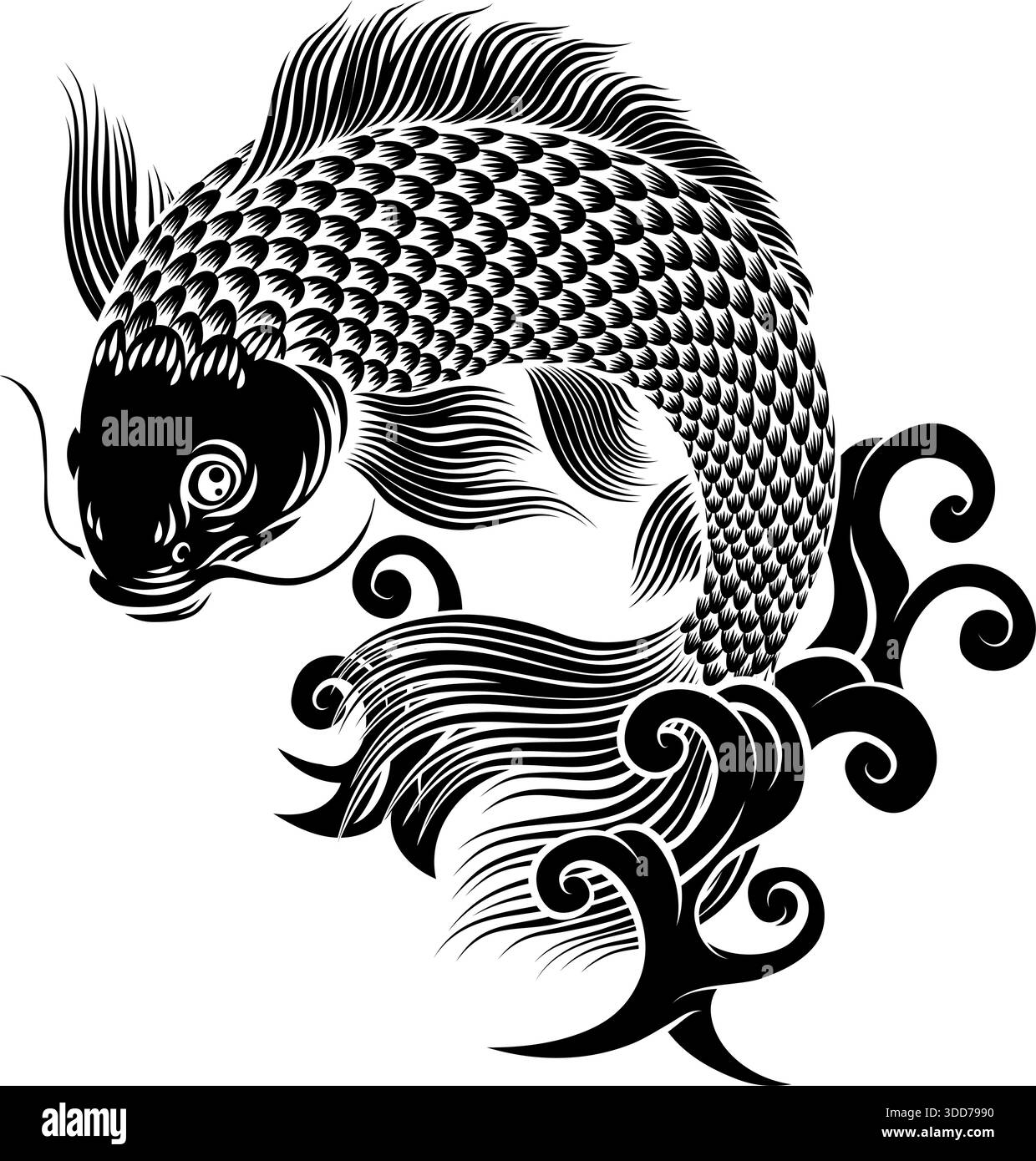 Koi Karpfenfisch Vintage Japanische Holzschnitt-Kunst Stock Vektor