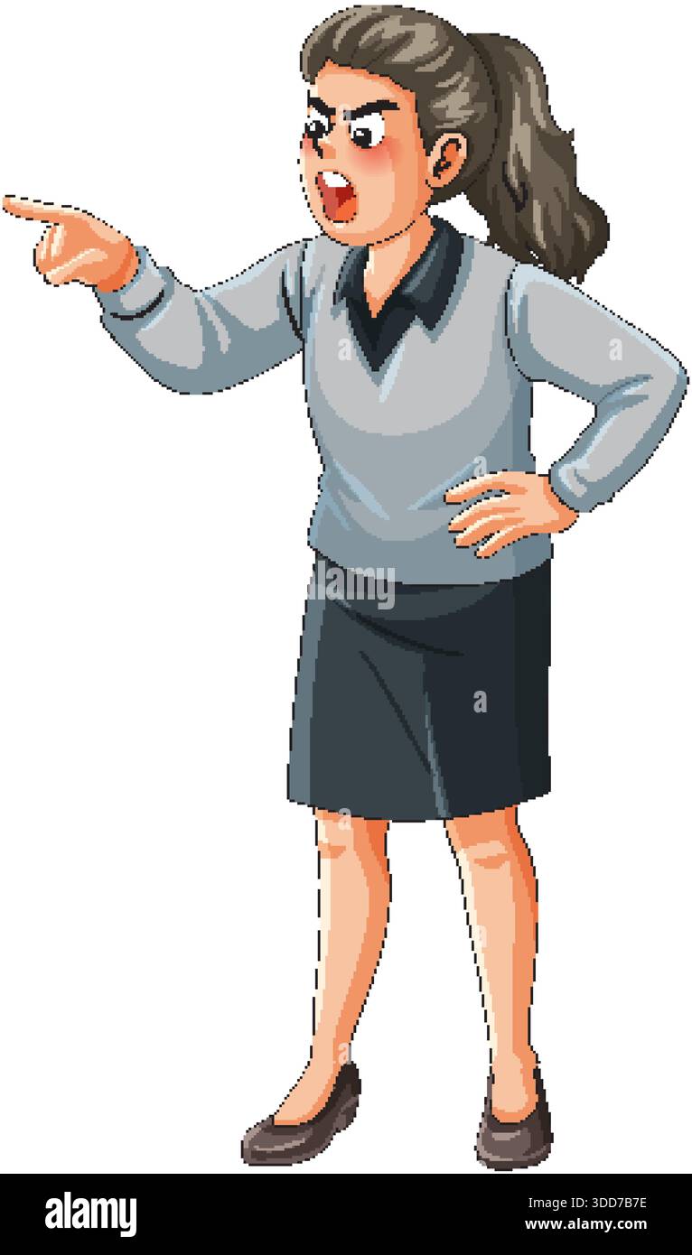Vektor-Illustration der wütenden Geschäftsfrau schreien und zeigen, isoliert auf weißem Hintergrund, flacher Zeichentrickstil Stock Vektor