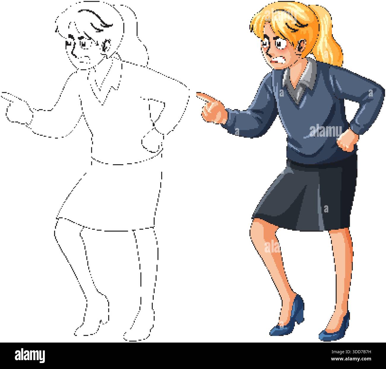 Vektor-Cartoon wütende Geschäftsfrau zeigt Finger, farbige und umrissene Versionen, isoliert auf weißem Hintergrund Stock Vektor