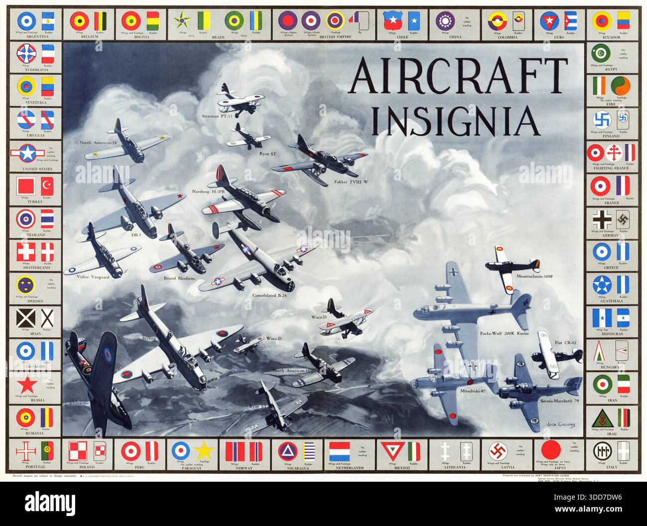 Detailliertes Poster der Newsmap von 1943 mit dem Titel AIRCRAFT INSIGNIA OF THE WORLD mit nationalen Flugzeugkennzeichnungen und Insignia der Alliierten und Achsenmächte Stockfoto