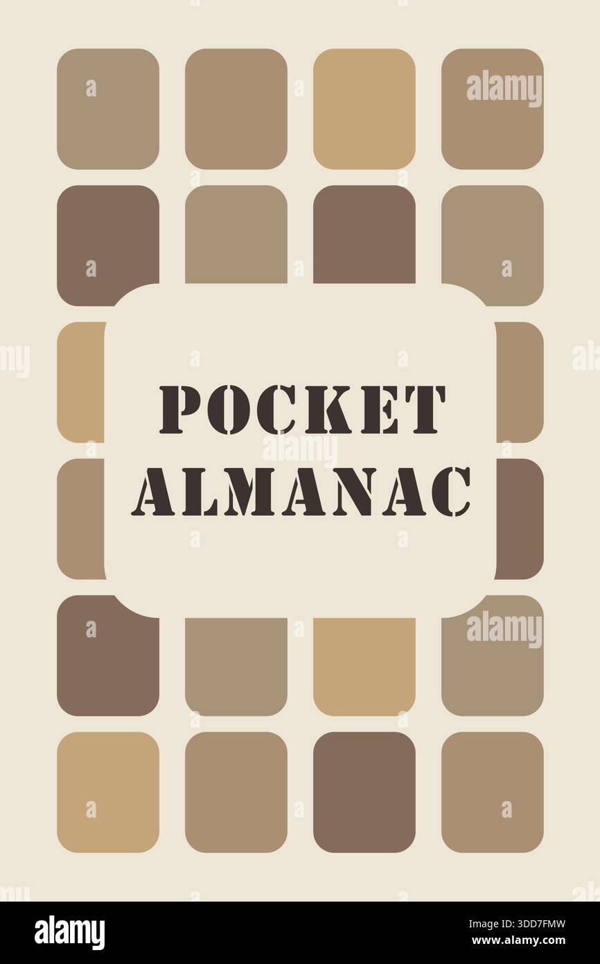 Ein warmes beigefarbenes Raster aus abgerundeten Quadraten, das zentrierten Serifentext mit Pocket Almanach umrahmt. Stock Vektor
