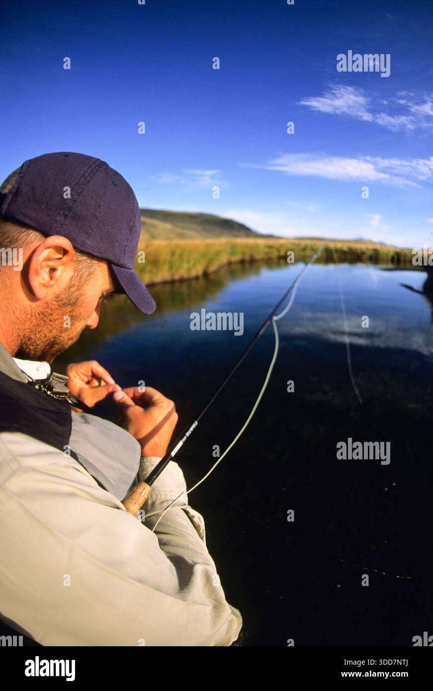 Ein junger Mann fischt am Flat Creek an einem sonnigen Sommertag in Jackson Hole, Wyoming. Stockfoto